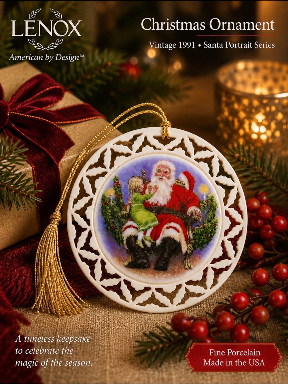 Vintage Lenox Santa With Child Ornament 1991 Portrait Series USA Boxed Porcelain